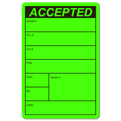 "ACCEPTED, Vendor, Lot #" Quality Control Stickers