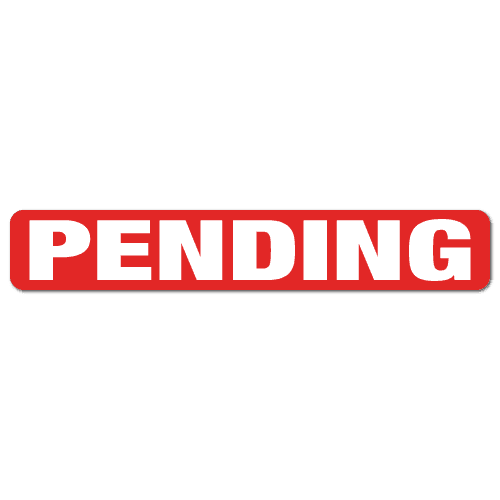 Red and white rectangular Pending sticker on listing paperwork