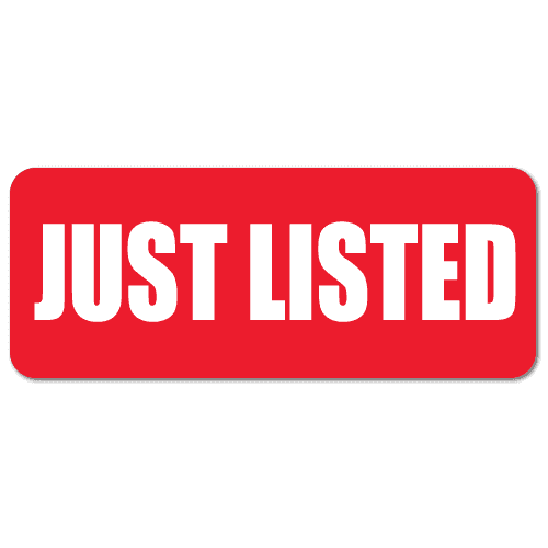 Red and white rectangular Just Listed stickers applied to real estate marketing materials
