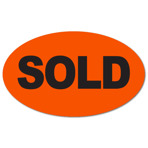 Black Sold text printed on fluorescent red oval sticker
