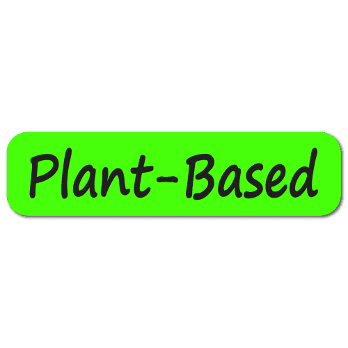 Plant-Based label featuring bold black text on a bright fluorescent green roll label