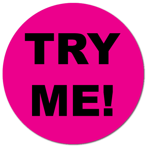 "TRY ME" Fluorescent Pink Circle Labels
