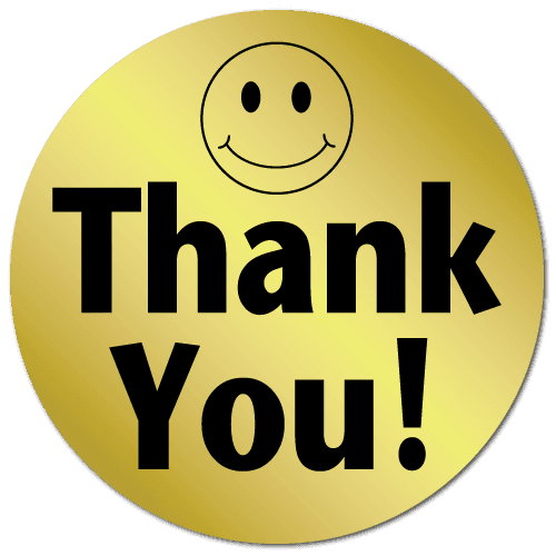 Thank You smiley face black print on shiny gold foil circle label