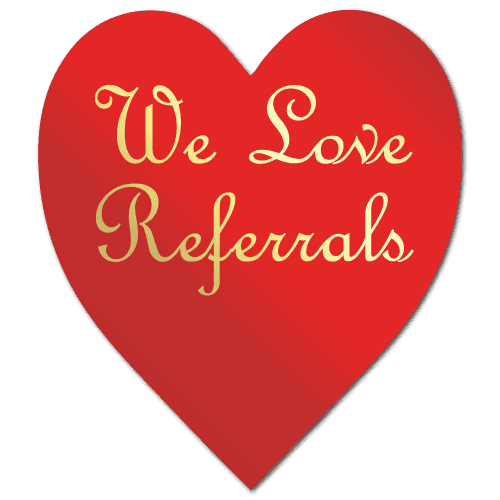 "We Love Referrals" Gold Heart Shape Stickers