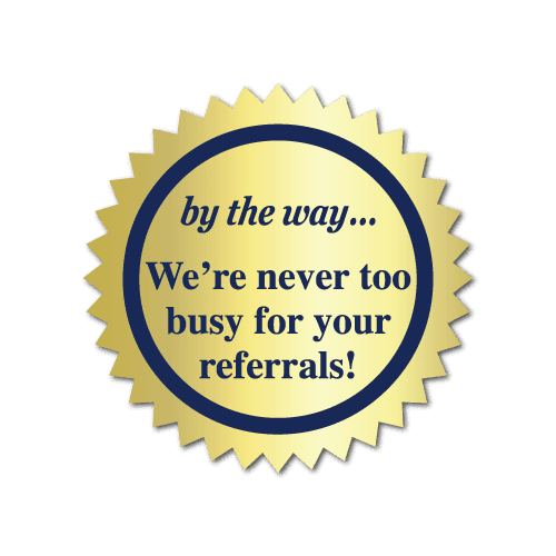 Gold burst sticker with blue text that reads By the way We're Never Too Busy