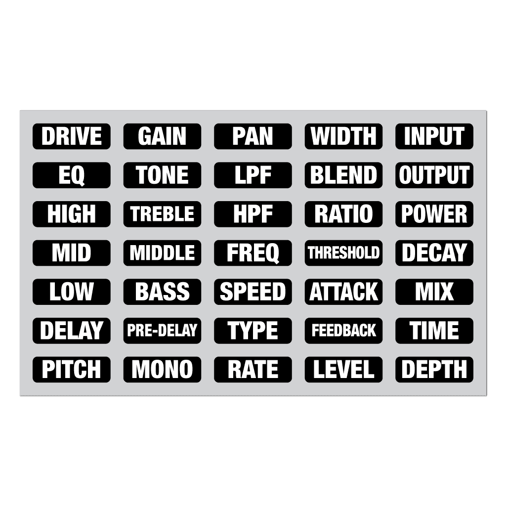 Sheet of black and white guitar pedal stompbox stickers for DIY audio projects