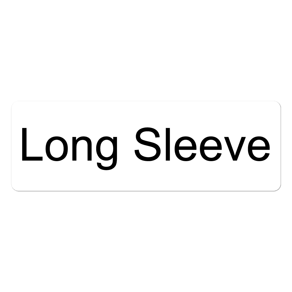 White rectangular sticker printed with Long Sleeve text for garment sizing