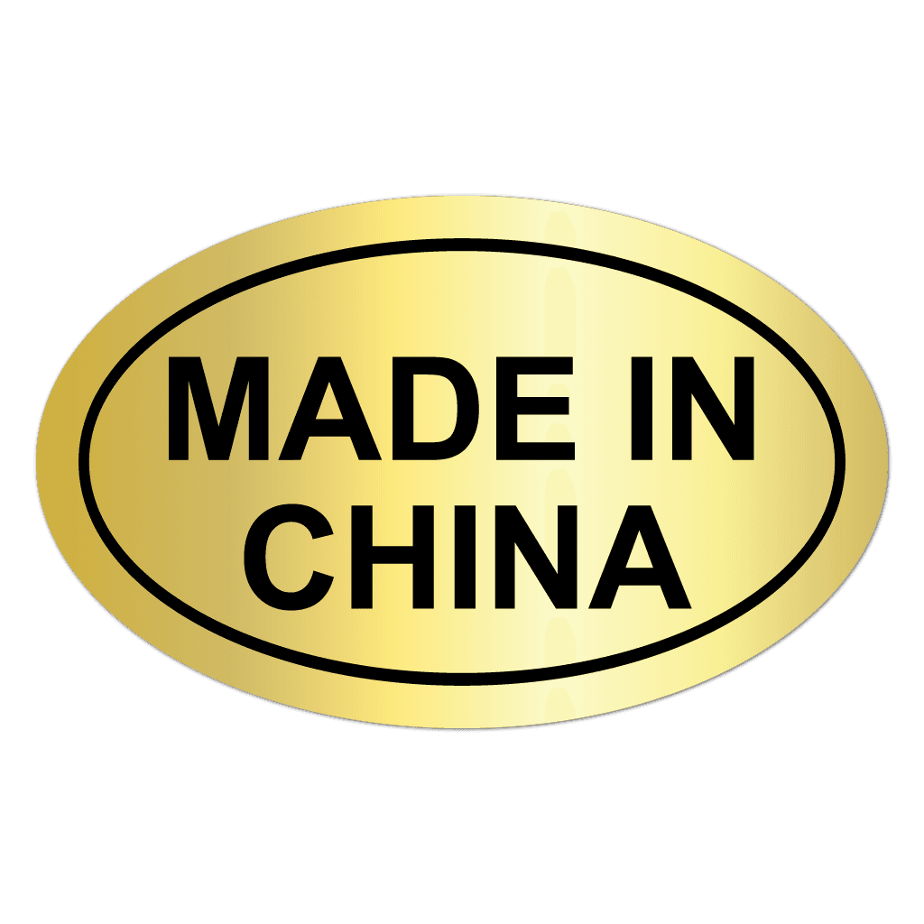 Made in China oval sticker printed in black ink on matte gold foil
