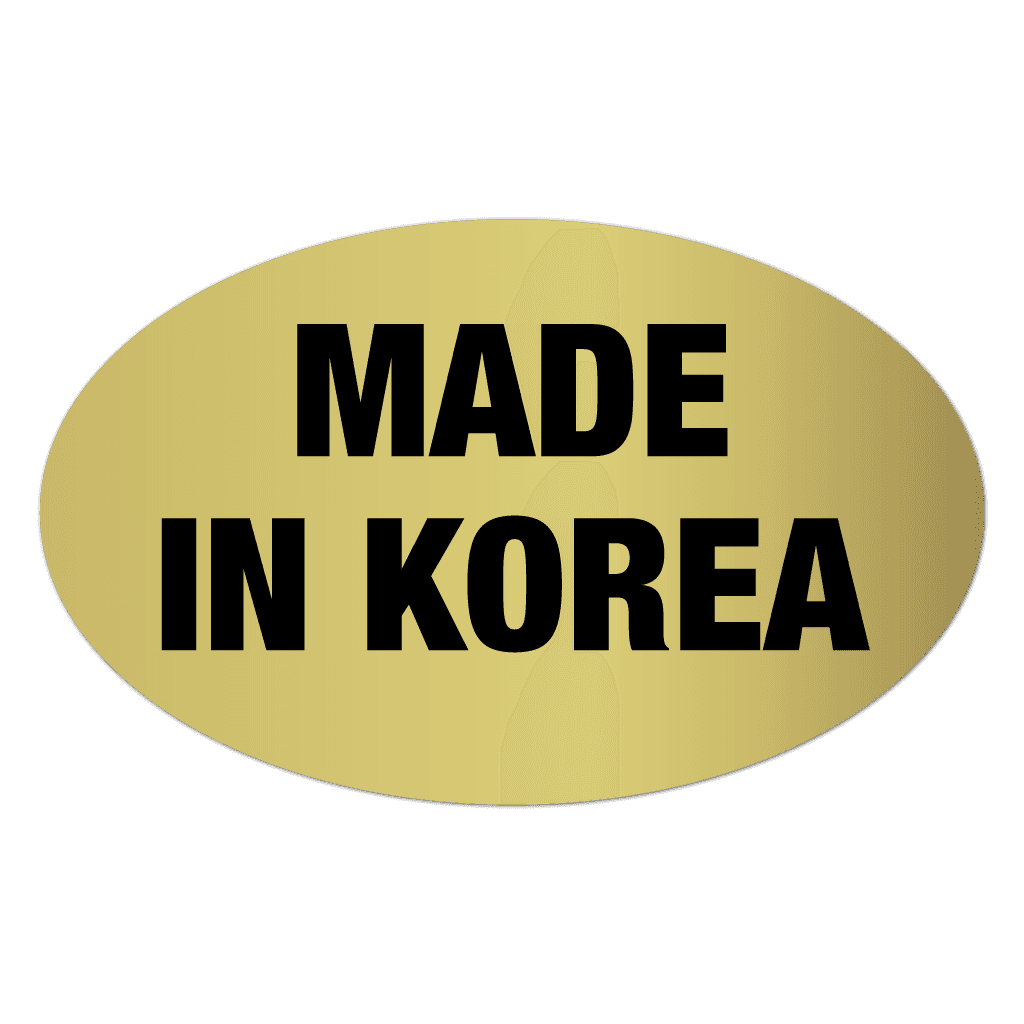 Made in Korea oval sticker with black print on matte gold foil