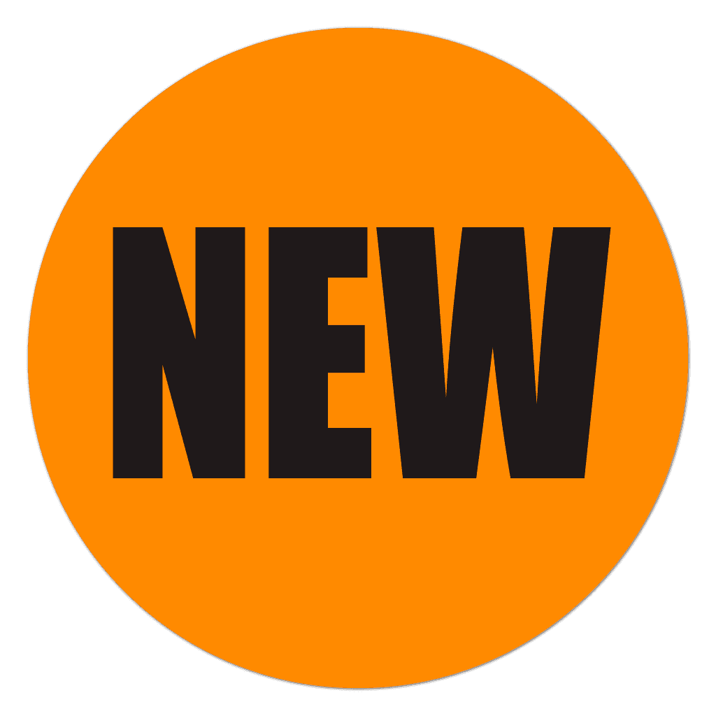 Fluorescent orange circle sticker featuring bold black NEW text