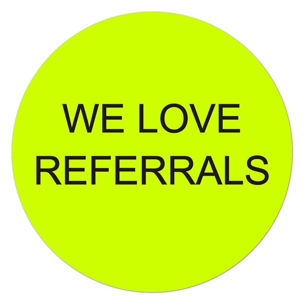 Neon yellow We Love Referrals roll stickers with bold black text