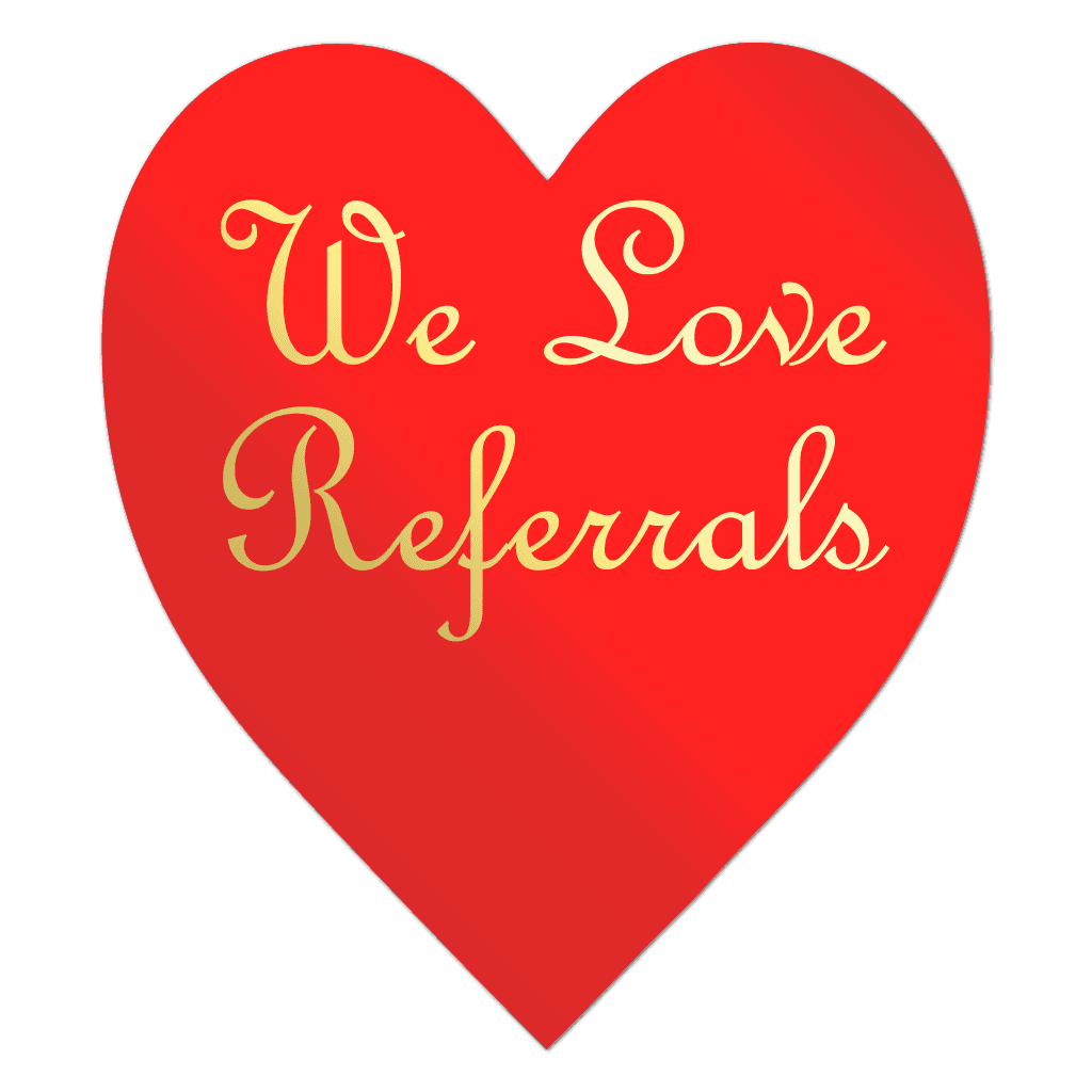 Roll of red printed We Love Referrals shiny gold heart stickers