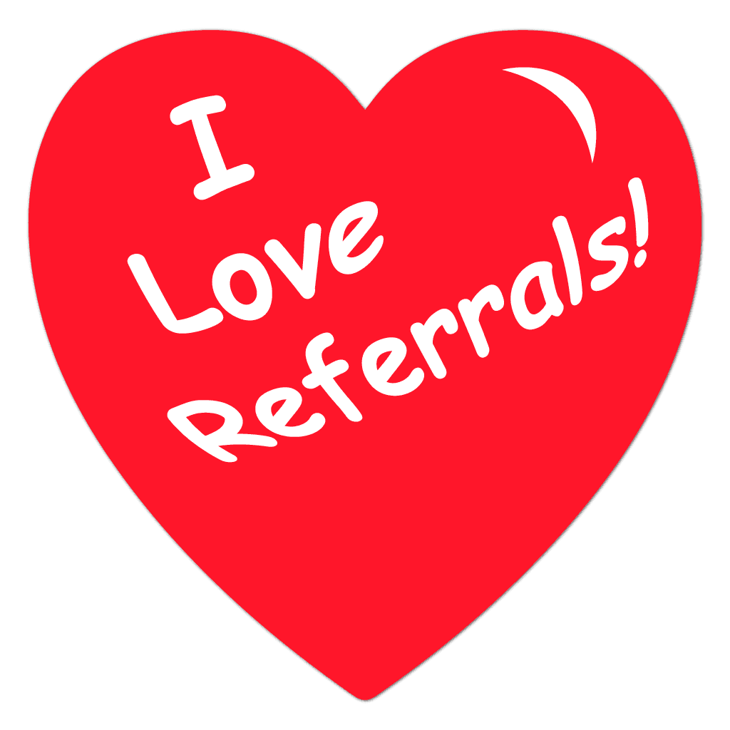 I Love Referrals heart stickers on a roll
