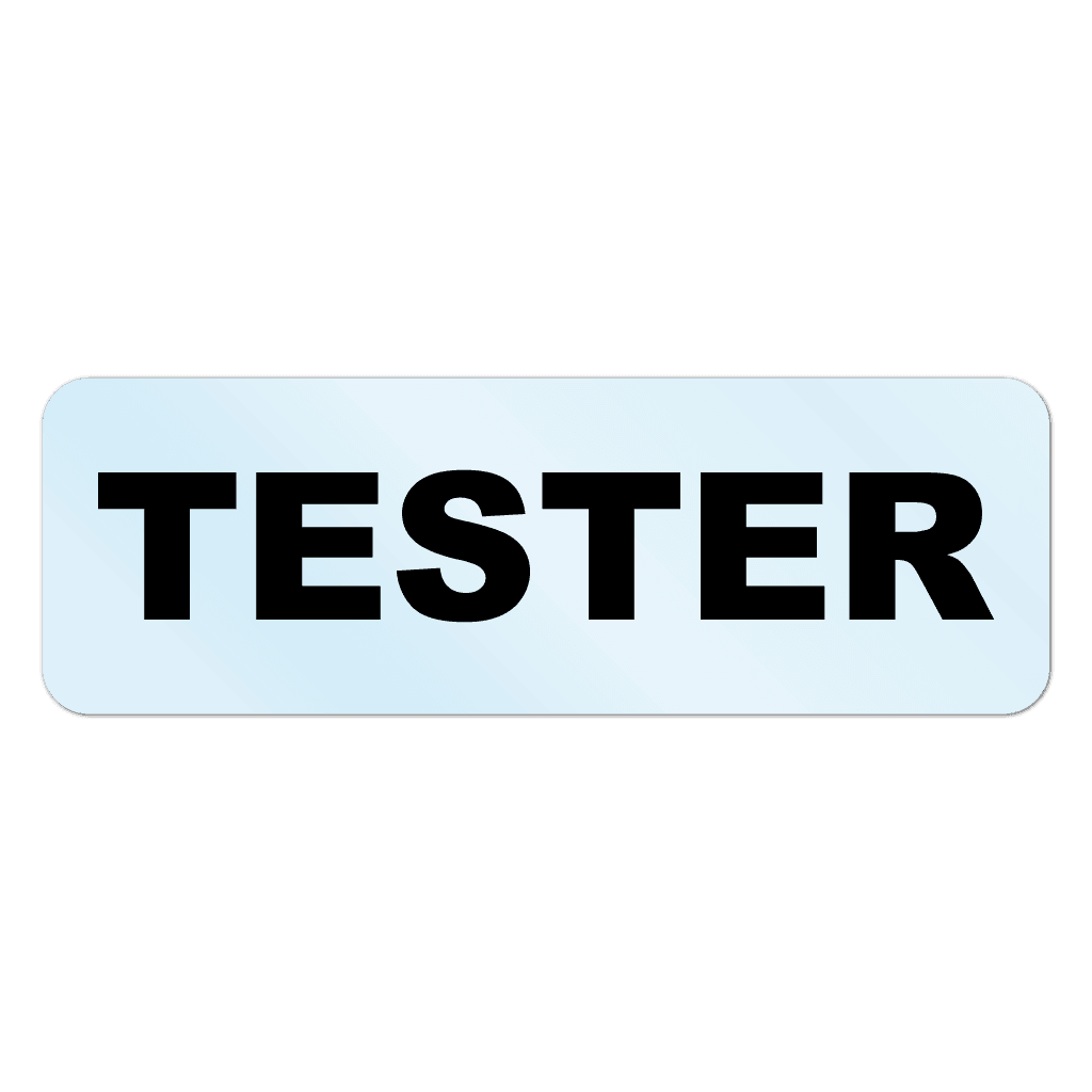 Clear film tester sticker with black text applied to a transparent product bottle