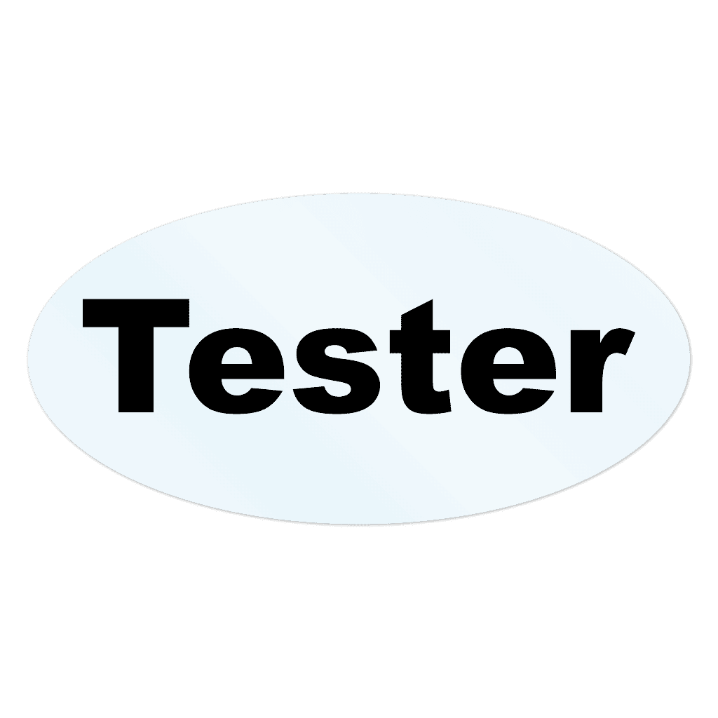 Clear oval tester stickers with black print on transparent film applied to product samples.